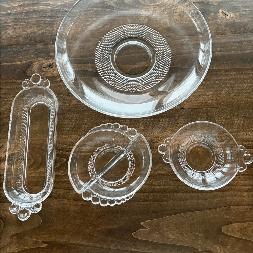 Set of 4 Vintage Duncan & Miller Teardrop Clear Dishes- Glow in UV Light